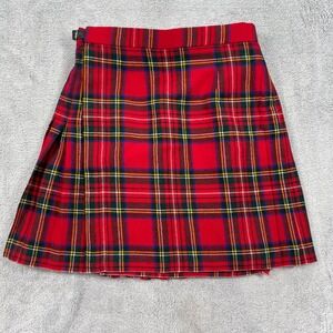 Kilt Skirt Women 12 Red Plaid Pleated Wool Made In Scotland Wrap Fringe